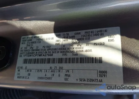 2021 Ford F-150 Xl z USA, uszkodzony, nr VIN 1FTEW1CP7MFA27668